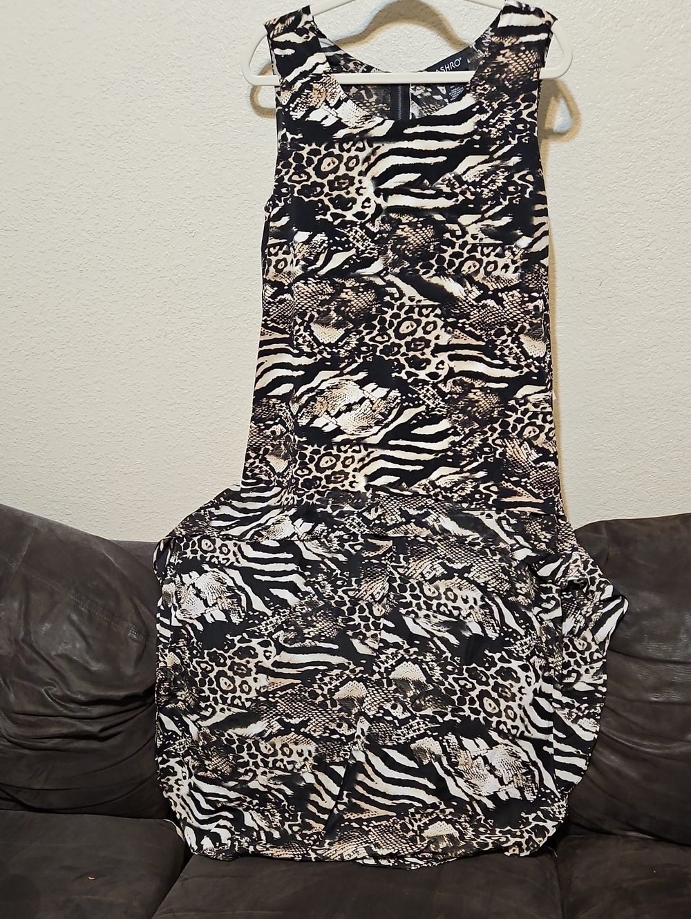 Ashro Black and Cream Animal-Print Sleeveless High Low Layered Top.
